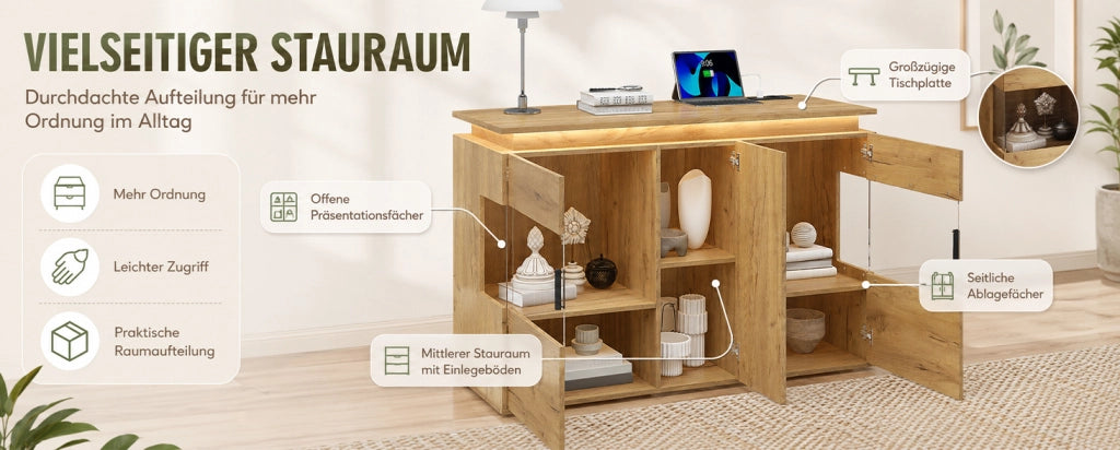 Buffet con illuminazione LED, prese USB e Type-C, anta in vetro e finitura effetto legno, 120x40x79,5 cm