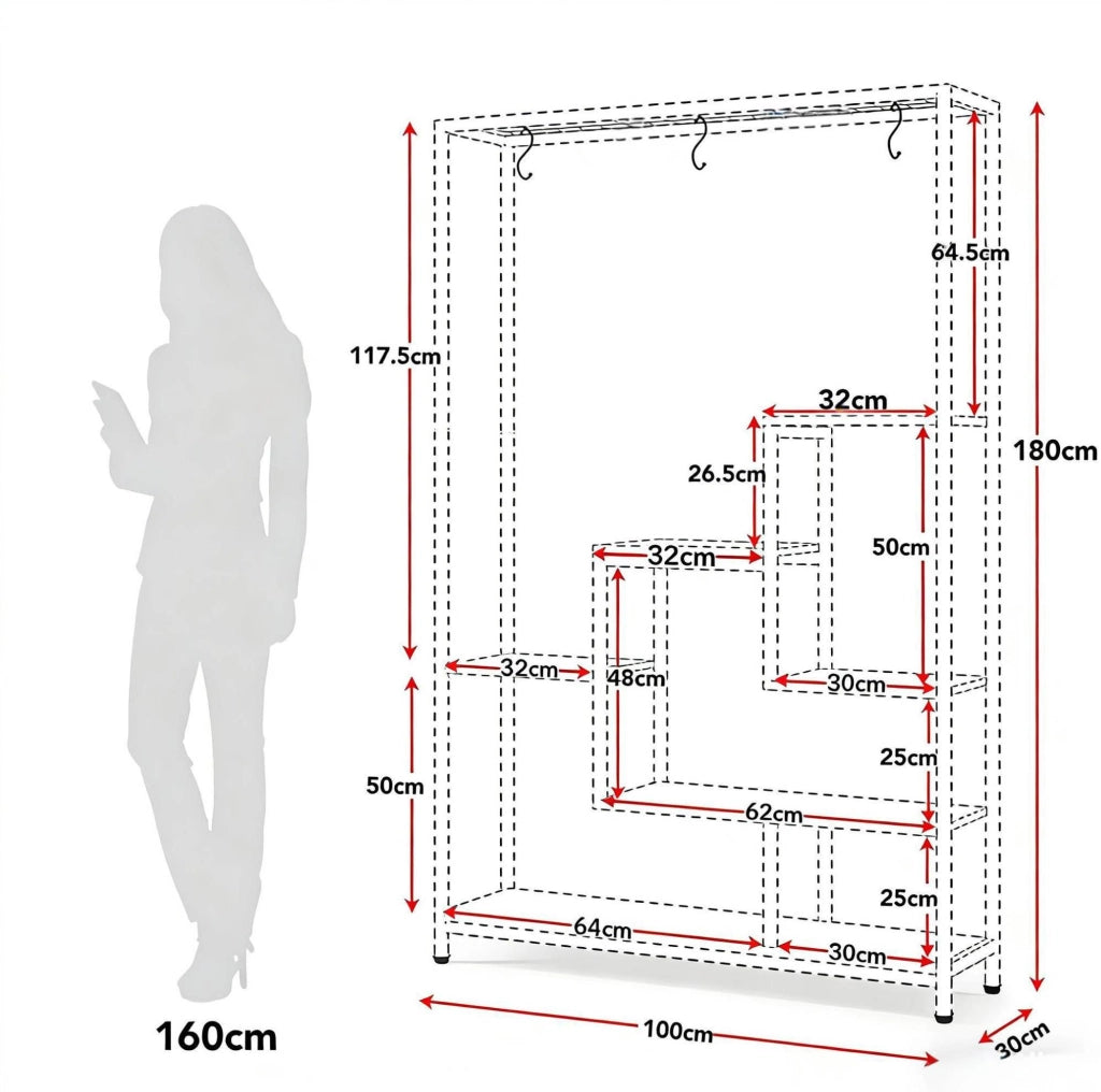 Porta piante ULEVR a scala con 7 ripiani e 6 ganci, scaffale espositivo in metallo e pannello truciolare nero