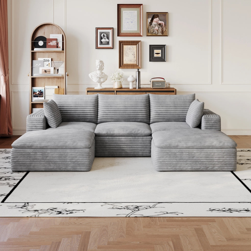 Divano modulare con imbottitura in schiuma e configurazione flessibile per soggiorno, in tessuto grigio