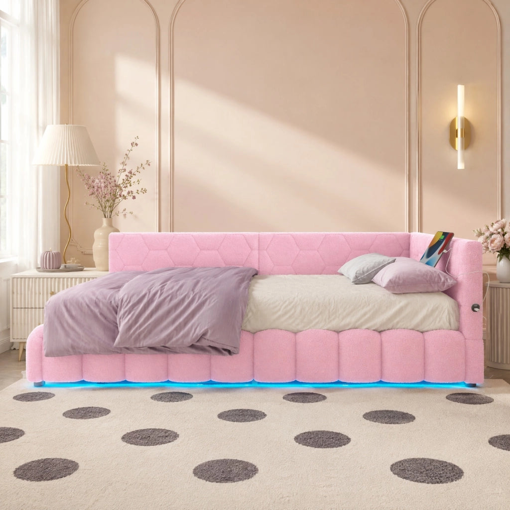 Letto a giorno 90x200 cm con rete; LED; USB e Type-C; rosa