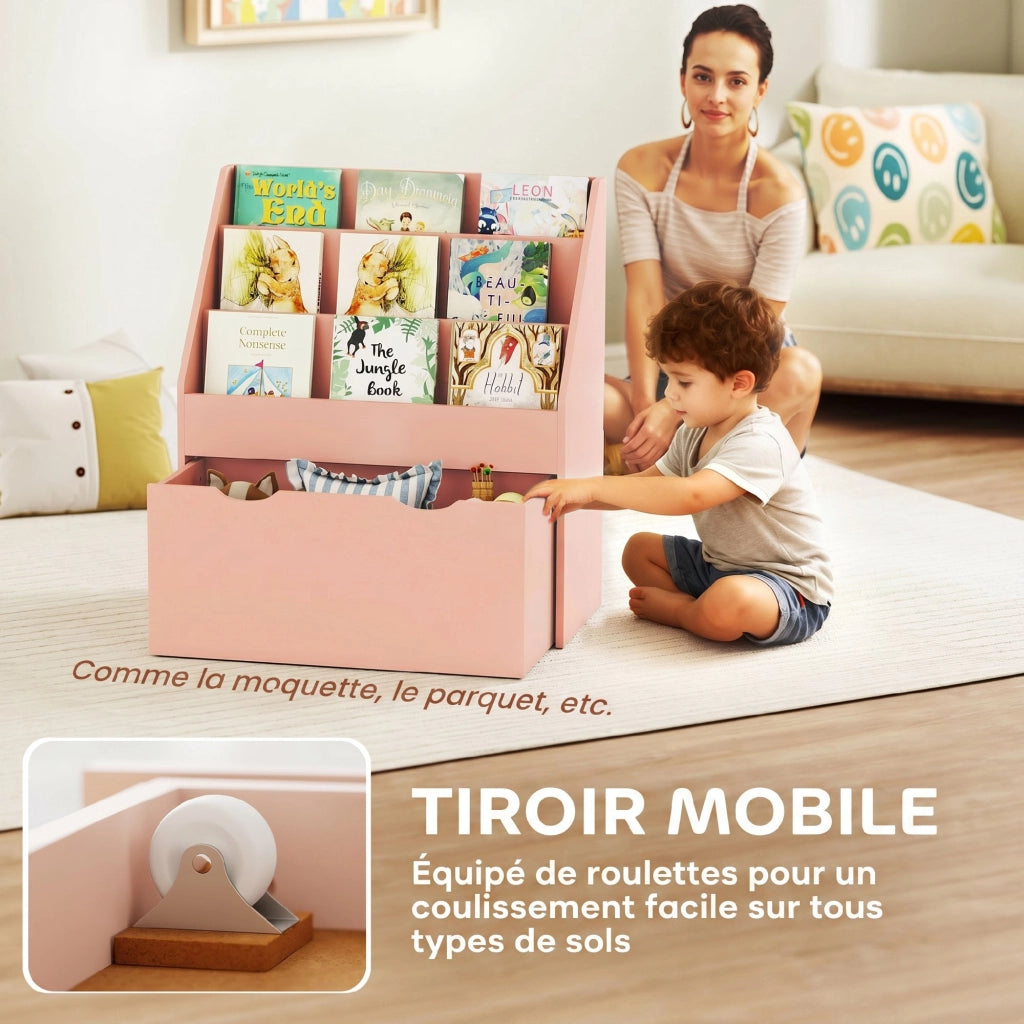 Libreria per Bambini Rosa Mobile Portaoggetti con 3 Ripiani e Cassetto Salvaspazio per Cameretta 62,5 x 30 x 70 cm