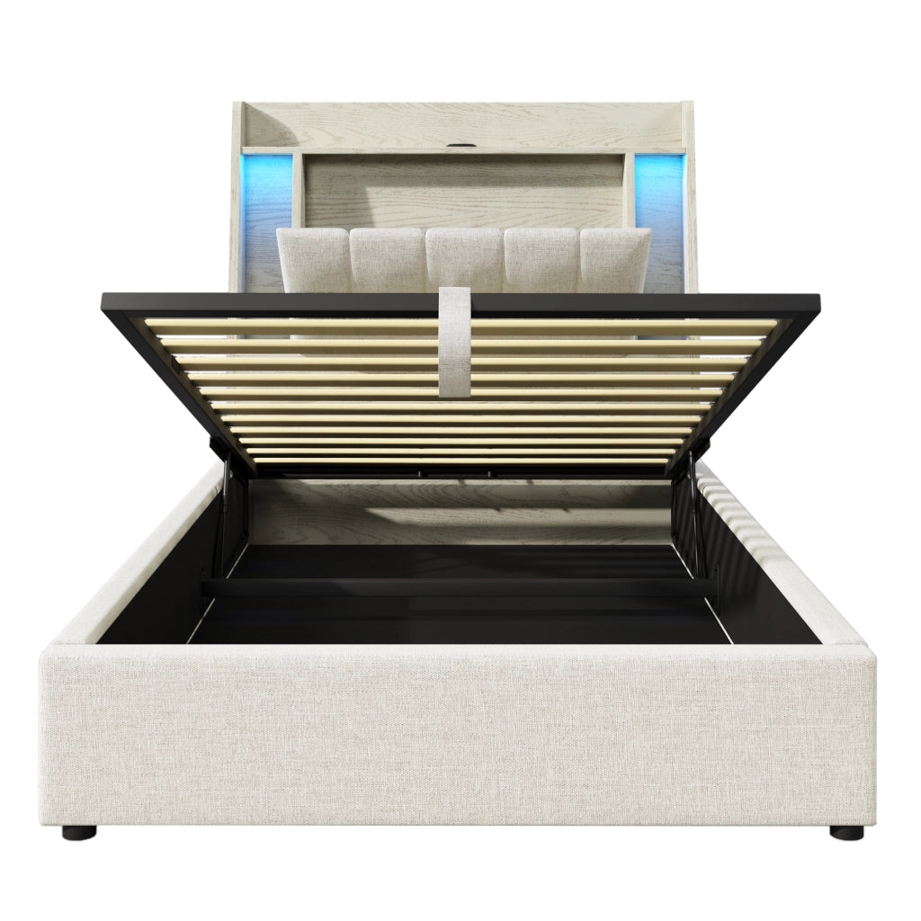 Letto per bambini 90x200 cm con LED; USB e Type-C; testiera con vani e scomparto ribaltabile; lino beige