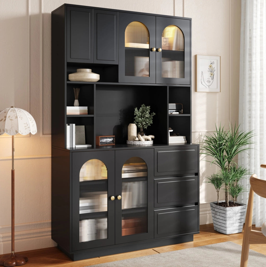 Credenza alta nera con LED app, ante acriliche e 3 cassetti