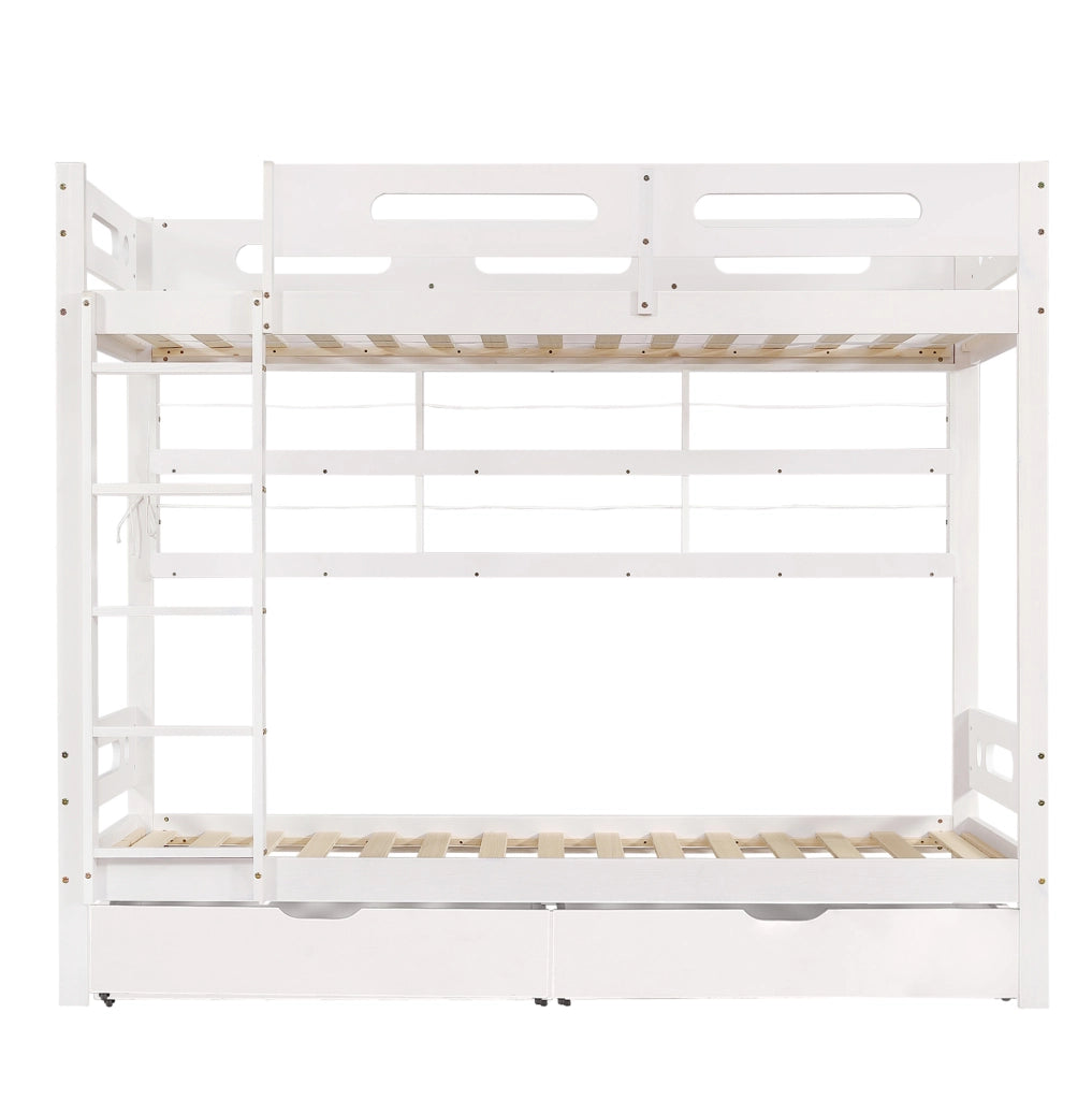 Letto a castello 90x200 cm con 2 cassetti, ripiani aperti e scala in pino e MDF