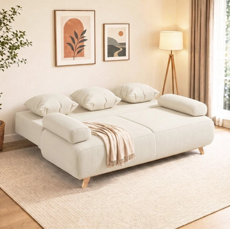 Divano letto 2 posti con schienale regolabile, funzione letto e contenitore nascosto, rivestimento in corda beige