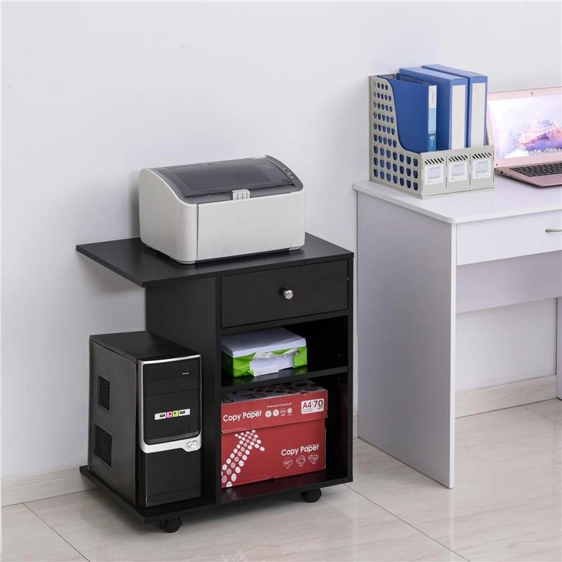 MOBILE PORTA STAMPANTE IN LEGNO NERO CON 1 CASSETTO 2 RIPIANI MENSOLA CPU