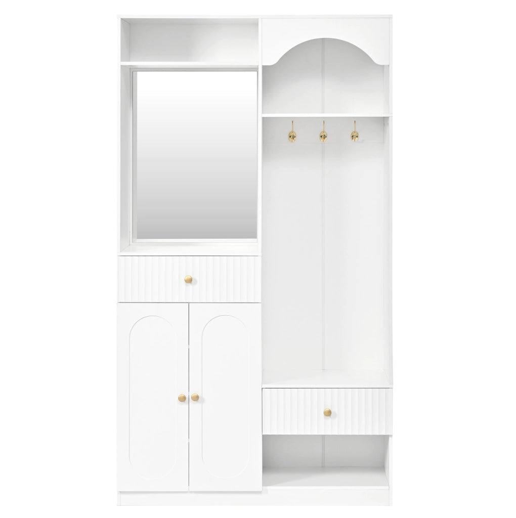 Guardaroba compatto bianco con specchio, panca e LED multicolore, con spazio per scarpe e appendiabiti 100x35x180 cm