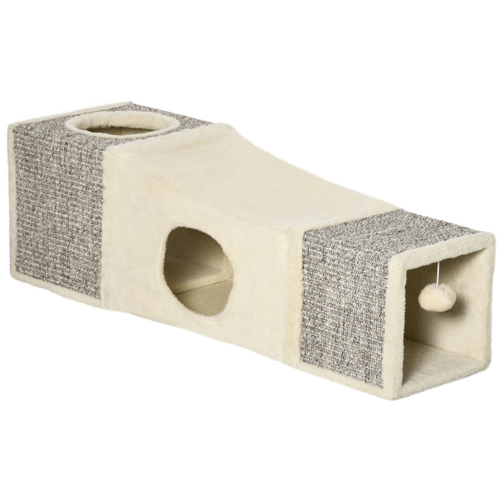 Tunnel per gatti con pallina, giocattolo per gatti, tunnel gioco in sisal, marrone+beige, 98x30x30 cm