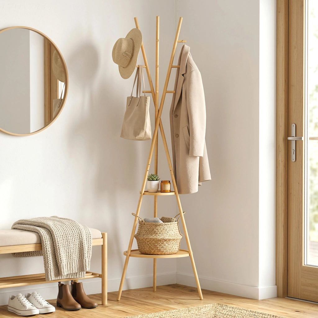 Appendiabiti 58,5x58,5x176 cm con 9 Ganci e 2 Ripiani in Bambù e MDF Naturale