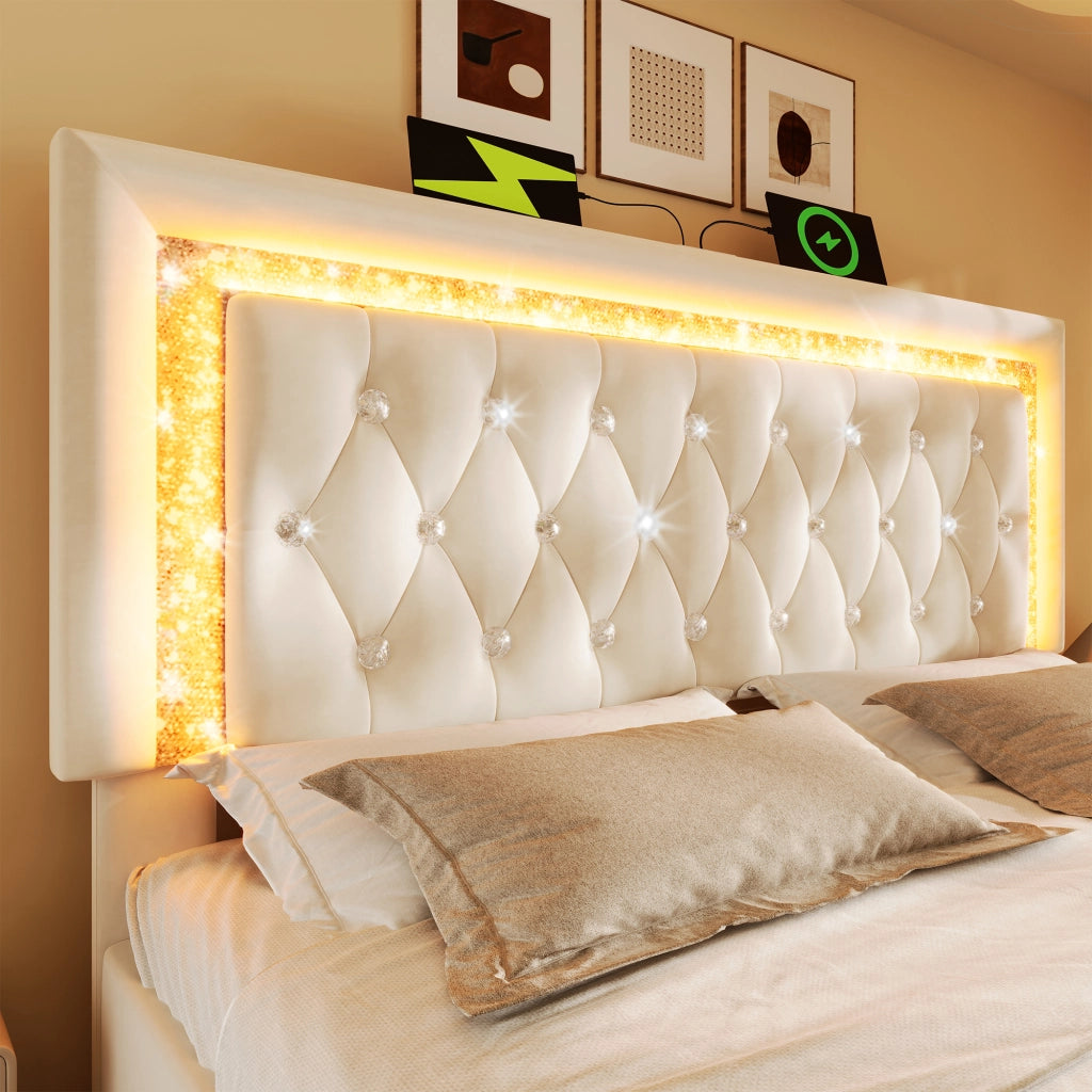Letto matrimoniale contenitore 140 × 200 cm in velluto beige con LED USB type-c testiera diamantata e vano idraulico