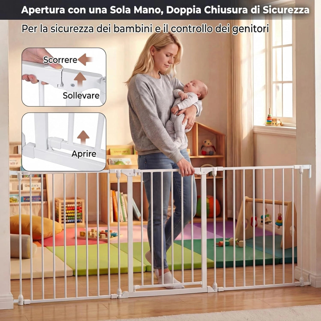 Cancelletto Pieghevole a 3 Pannelli per Cani 198 cm, Bianco
Recinzione in Metallo con Doppia Chiusura, Apertura Bidirezionale Cancello per Bambini e Animali, Ideale per Scala e Camino