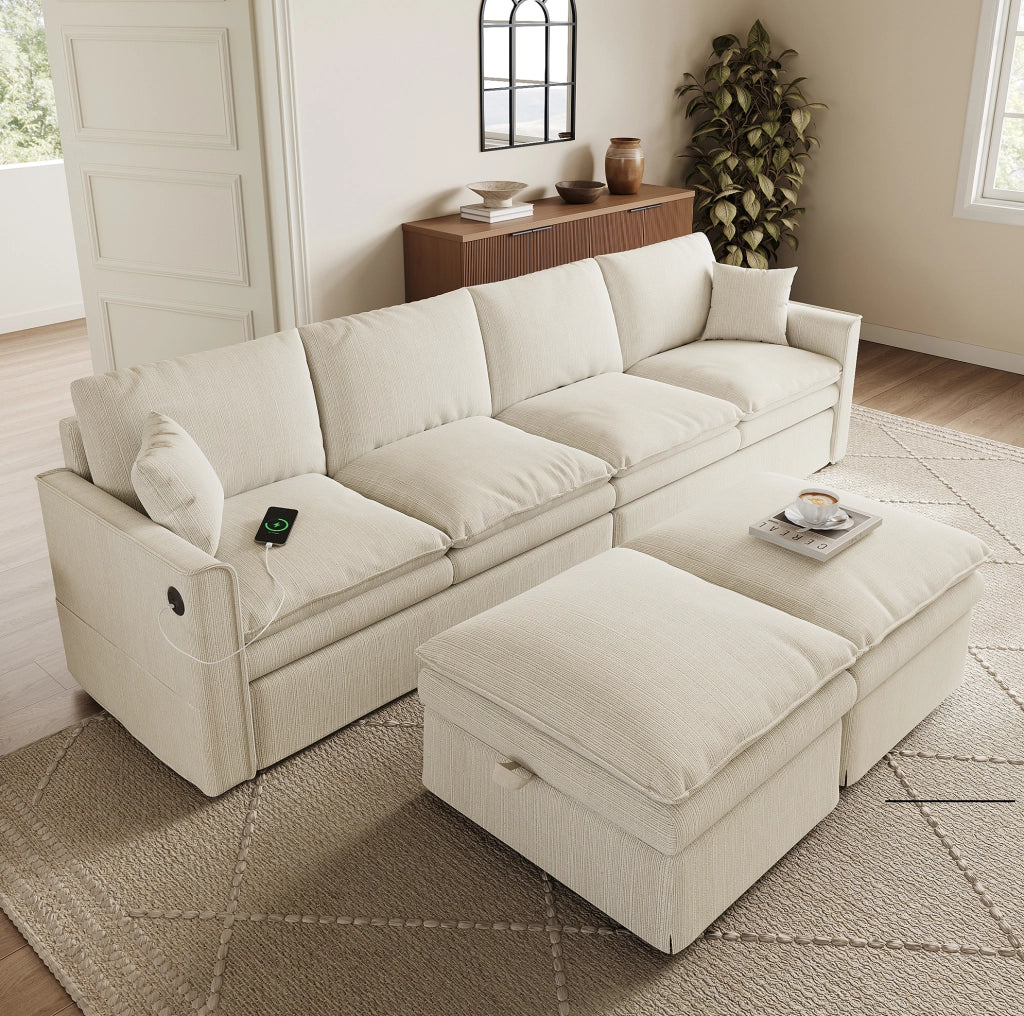 Divano modulare ad angolo a U/L 6 posti con 2 pouf contenitori, tessuto cotone-lino beige, 277×80×135 cm