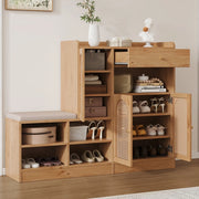 Scarpiera con panca imbottita, 3 ante in rattan intrecciato e 1 cassetto. Mobile contenitore multifunzione con ripiano scarpe per ingresso. Effetto legno, 142x35x110 cm