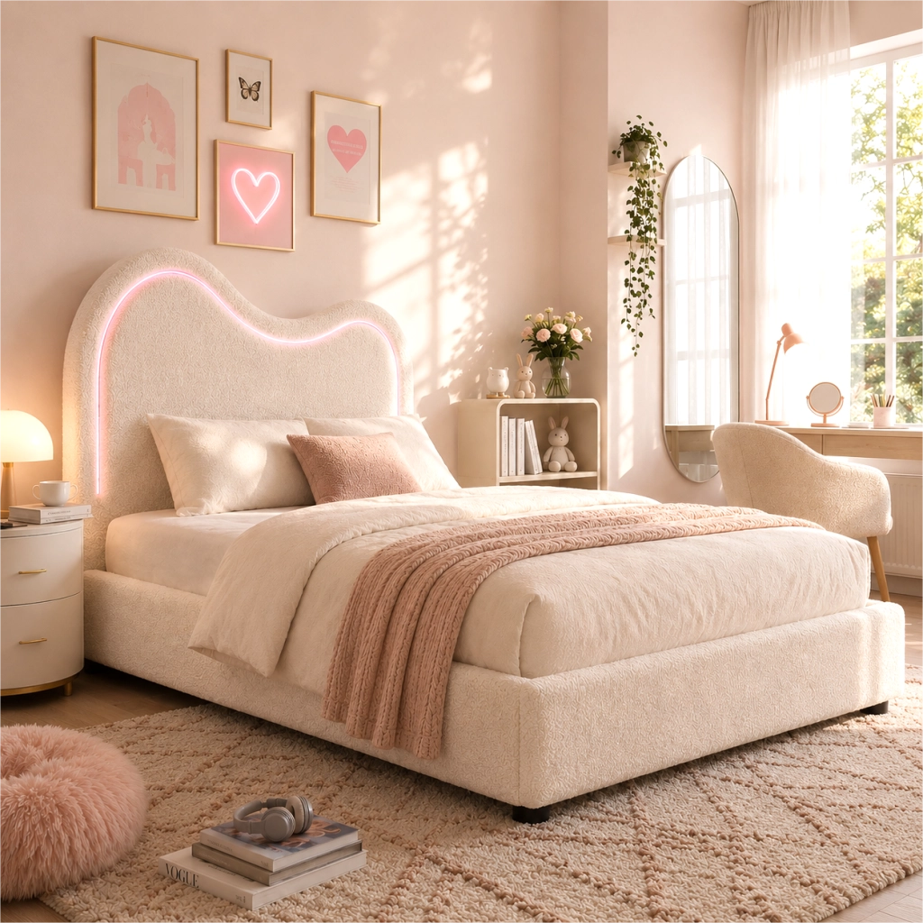 Letto singolo per bambini 90 ¡Á 200 cm con vano contenitore idraulico rete a doghe testiera boucl¨¦ bianco