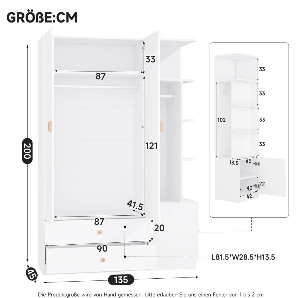 Armadio guardaroba 135x45x200 cm con 2 appendiabiti e 2 cassetti bianco HOMVRA
