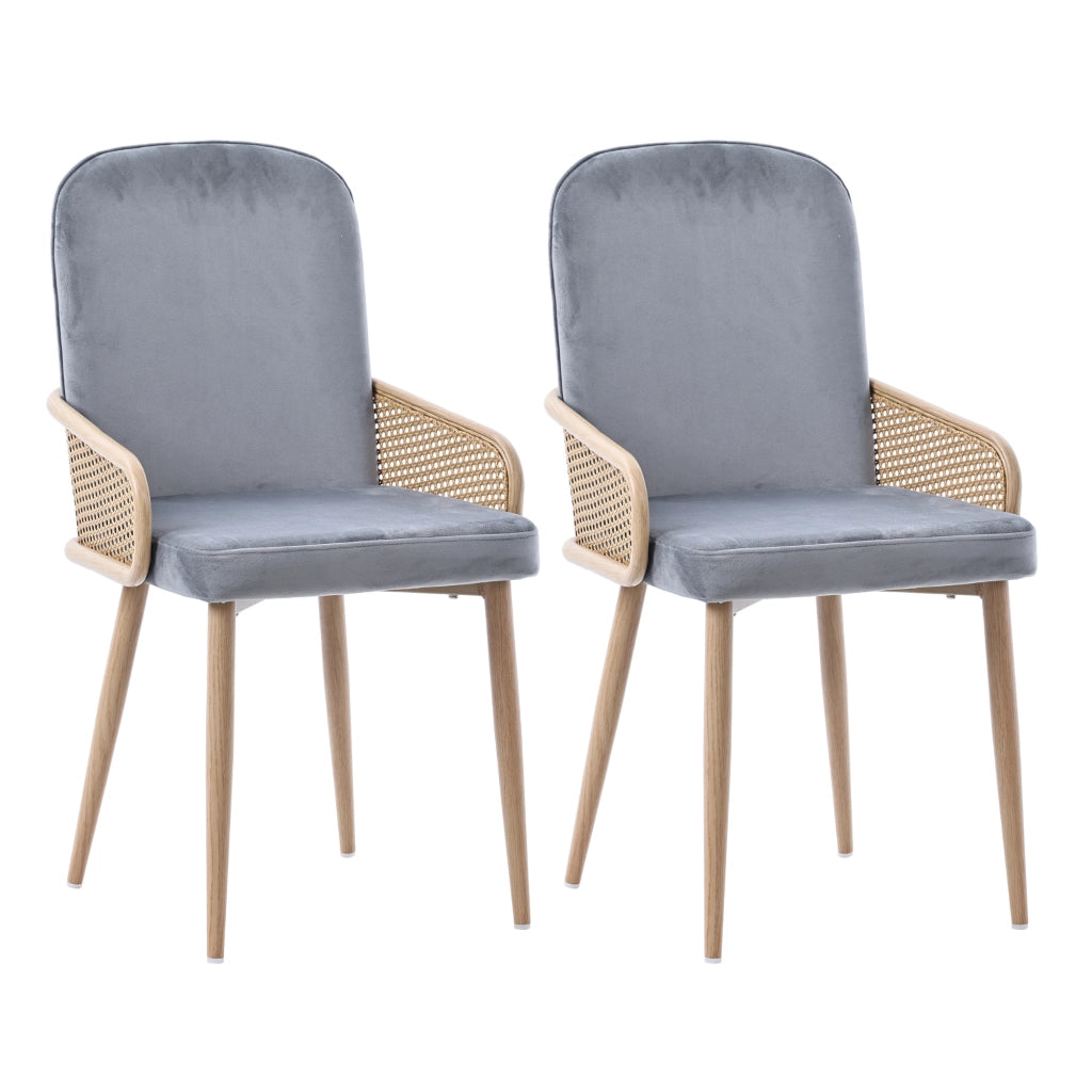 Set di 2 sedie da pranzo in velluto grigio con design Rattan e gambe in metallo effetto legno