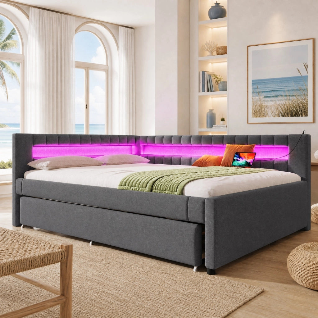 Daybed 140x200 cm grigio in lino con letto estraibile, LED, USB e Type-C