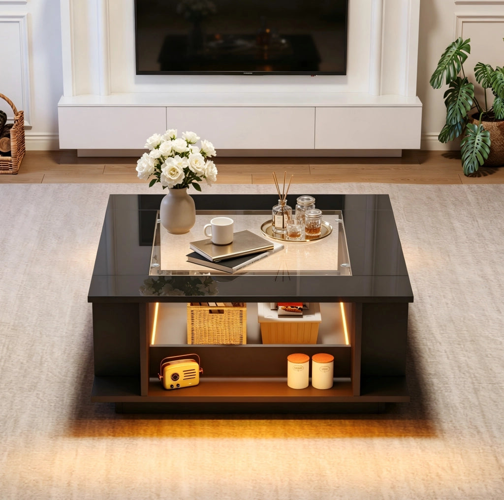 Tavolino da caffè quadrato 70x70x30 cm con piano in vetro; finitura nero lucido e LED