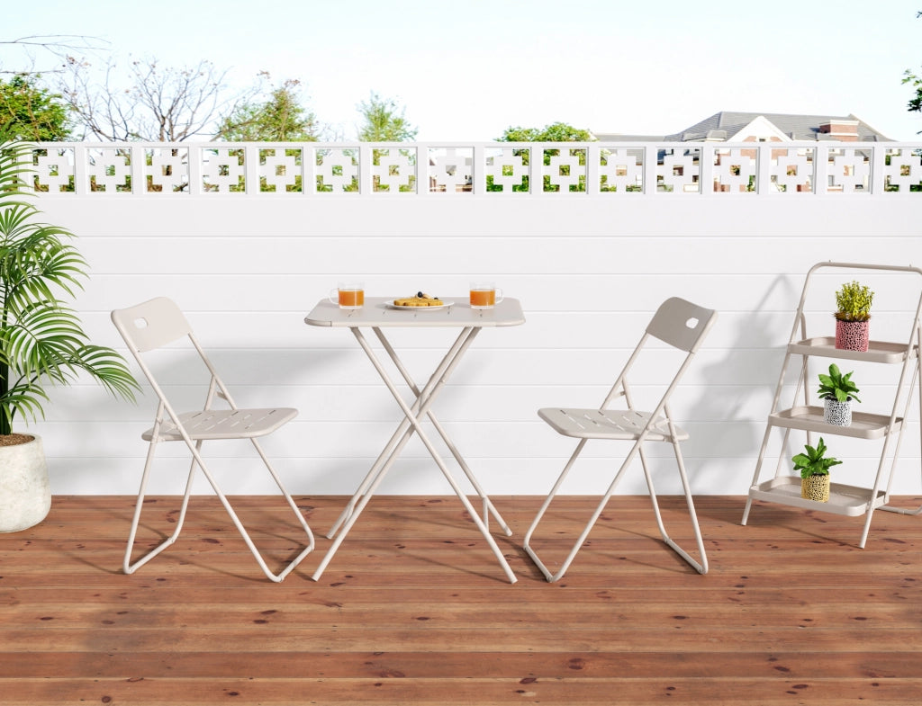 Set Bistro da Esterno Pieghevole 3 Pezzi in Acciaio Beige con 2 Sedie e Tavolo per 2 Persone