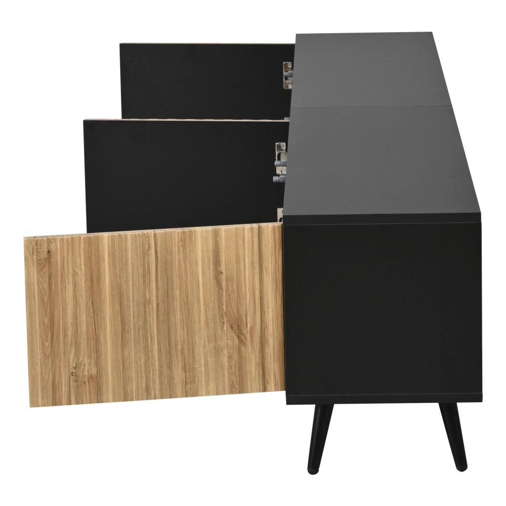 Mobile TV LED con 3 ante e ripiani in vetro regolabili per soggiorno, legno naturale e nero, 175 × 31 × 43.5 cm