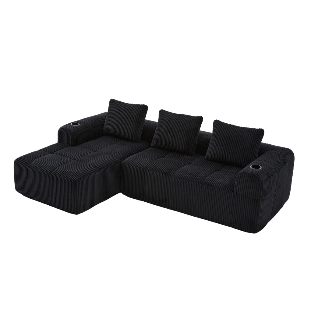 Divano modulare 253x158x61 cm in velluto a coste nero con portabicchieri