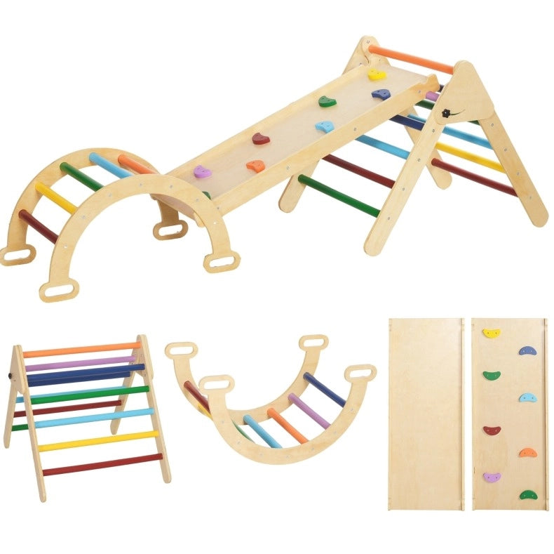 Struttura arrampicata bambini 5 in 1 multicolore in legno, pieghevole