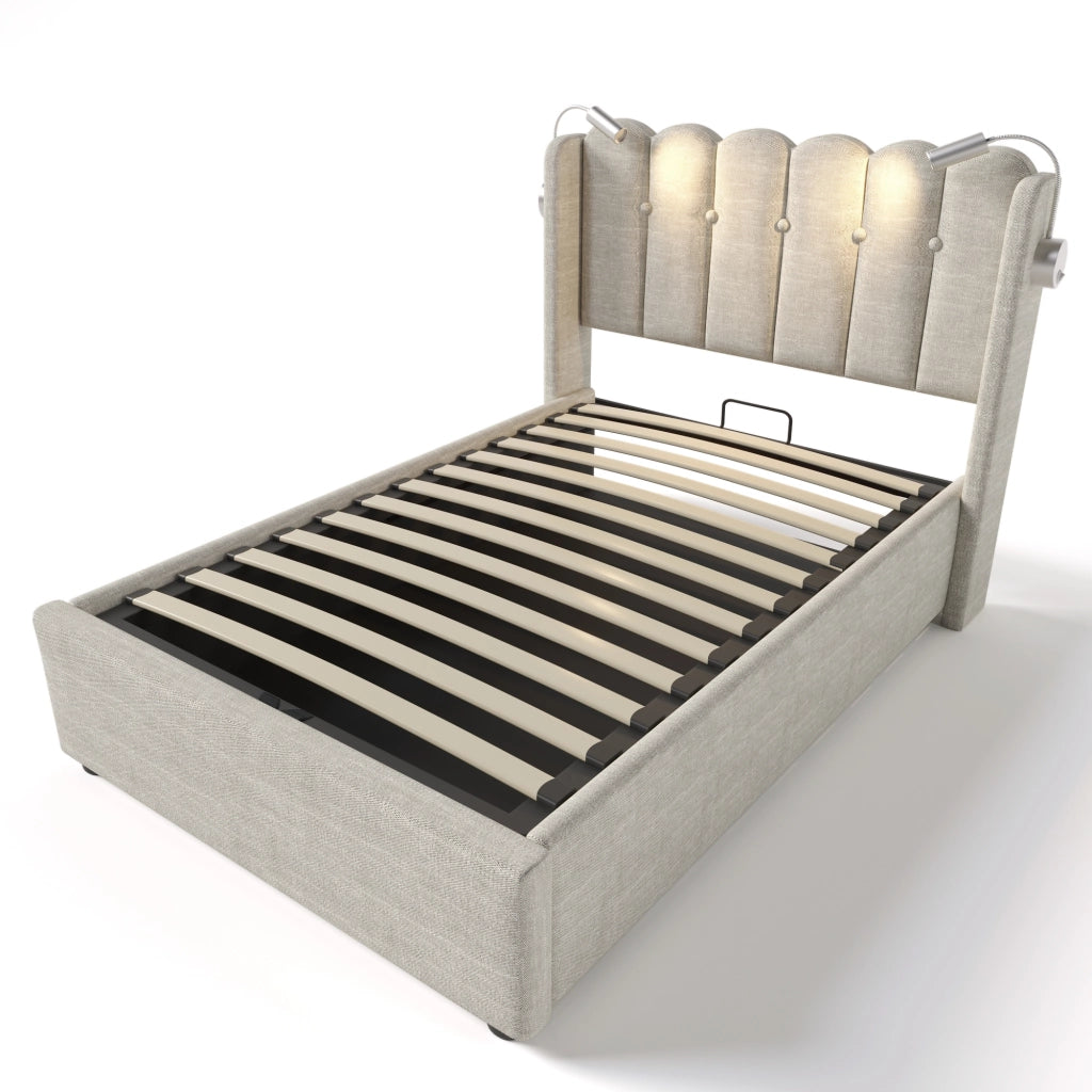 Letto Singolo 90x200 cm; Letto con Contenitore; Luce da Lettura e USB in Lino Beige