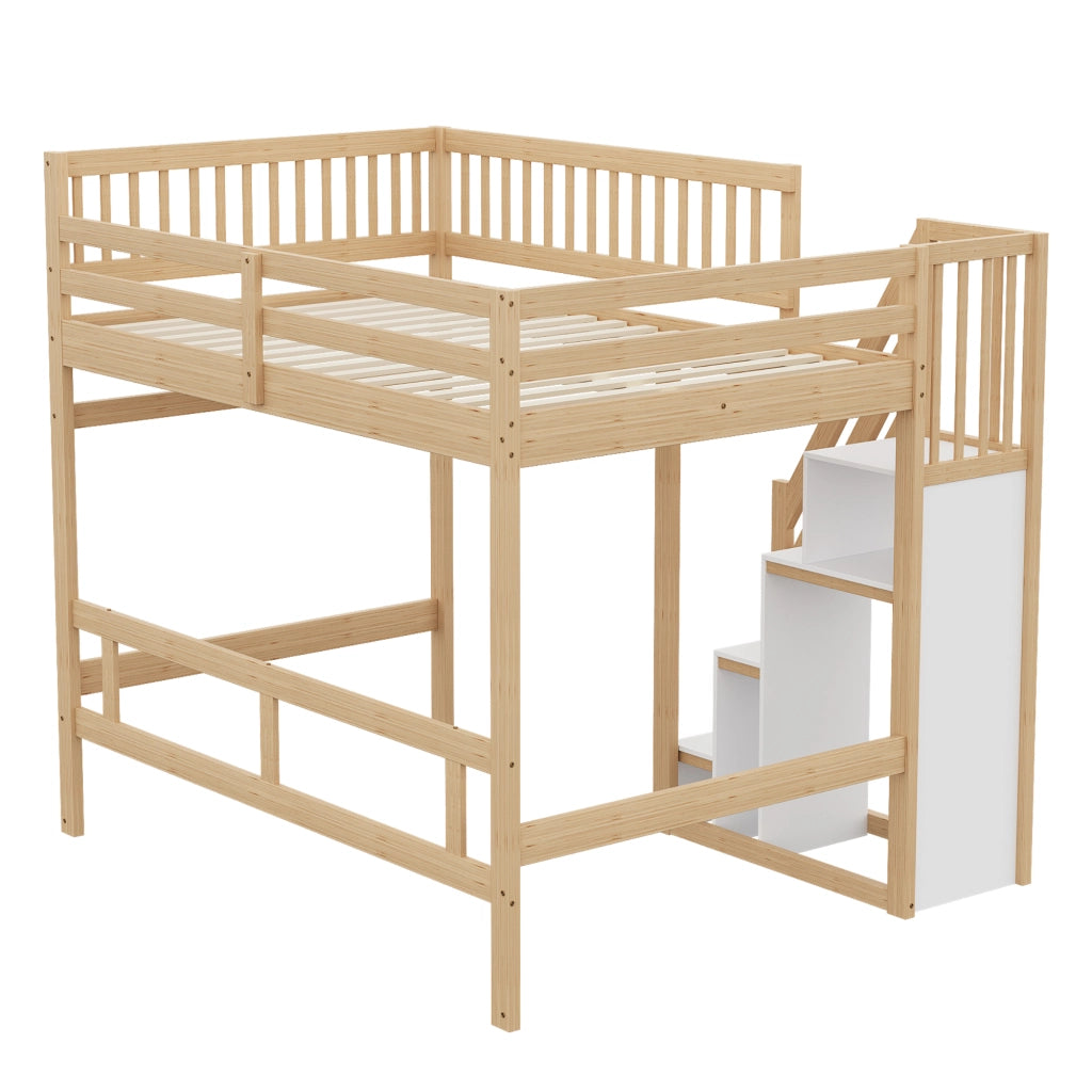 Letto a soppalco 140 × 200 cm con scala contenitore e barriera alta in legno colore naturale