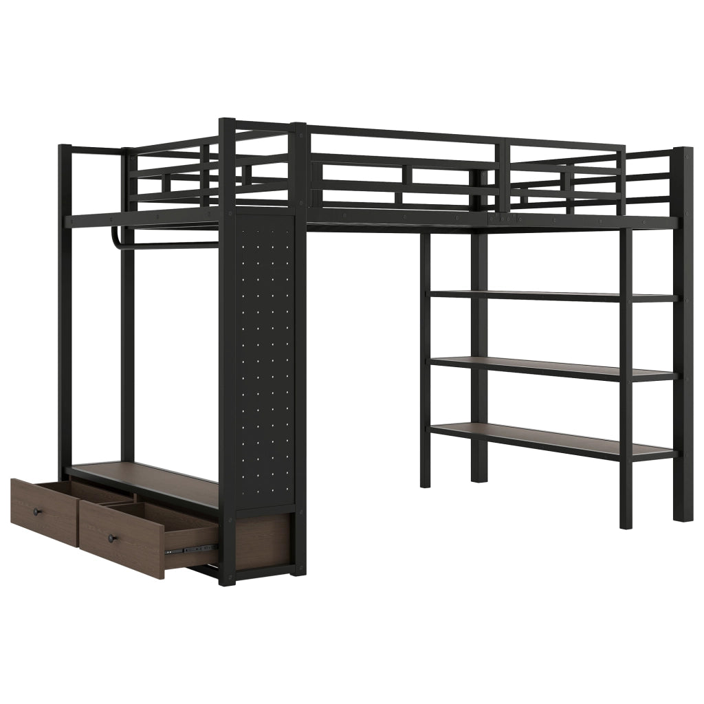 Letto a soppalco 140x200 cm con armadio aperto e LED in MDF e metallo nero