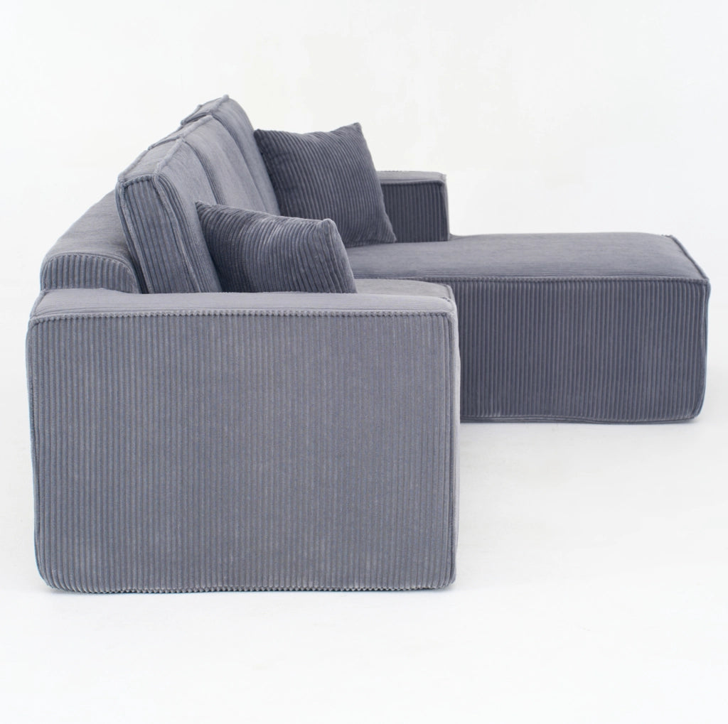 Divano angolare modulare a L in tessuto di cotone, 2 posti con chaise longue grigio, imbottitura in schiuma ad alta densità