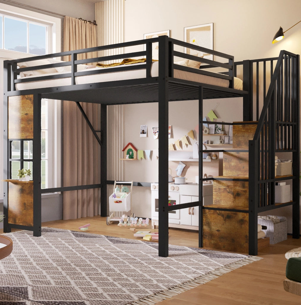 Letto a soppalco 140x200 cm in metallo e MDF con scala contenitore nero HOMVRA