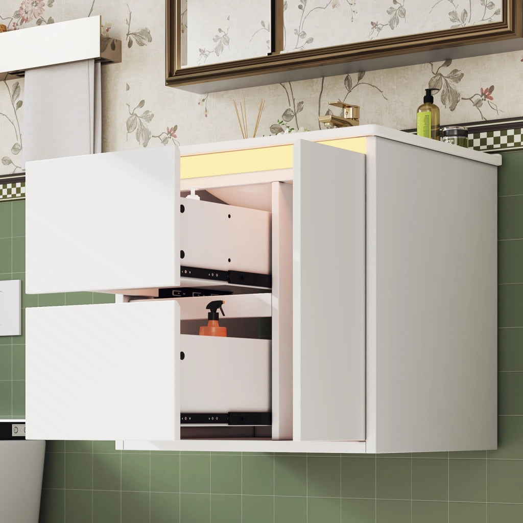 Mobiletto con lavabo sospeso con due cassetti e LED a sensore in MDF e ceramica bianco 61 × 46.5 × 57 cm