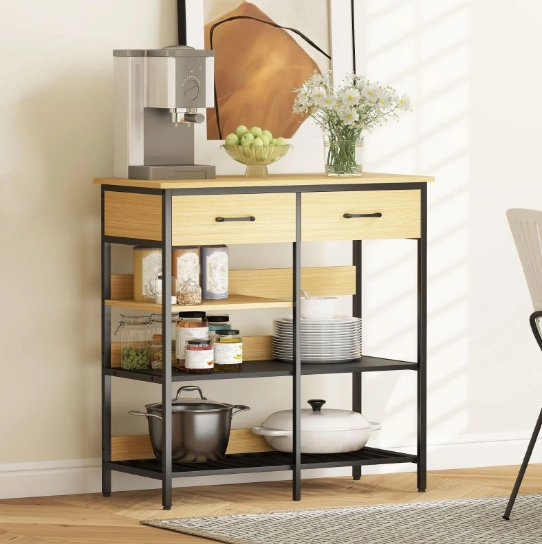 Credenza in legno naturale con 2 cassetti e 3 ripiani aperti 90x40x91 cm, stile industriale