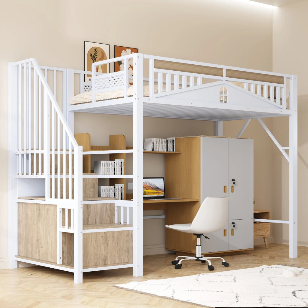 Letto a soppalco per bambini 90x200 cm con scale contenitore e finestra; metallo e legno bianco