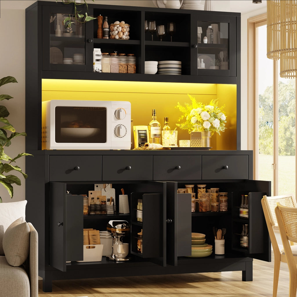 Credenza alta 140x38.5x180 cm con illuminazione LED RGB controllabile tramite app in MDF nera