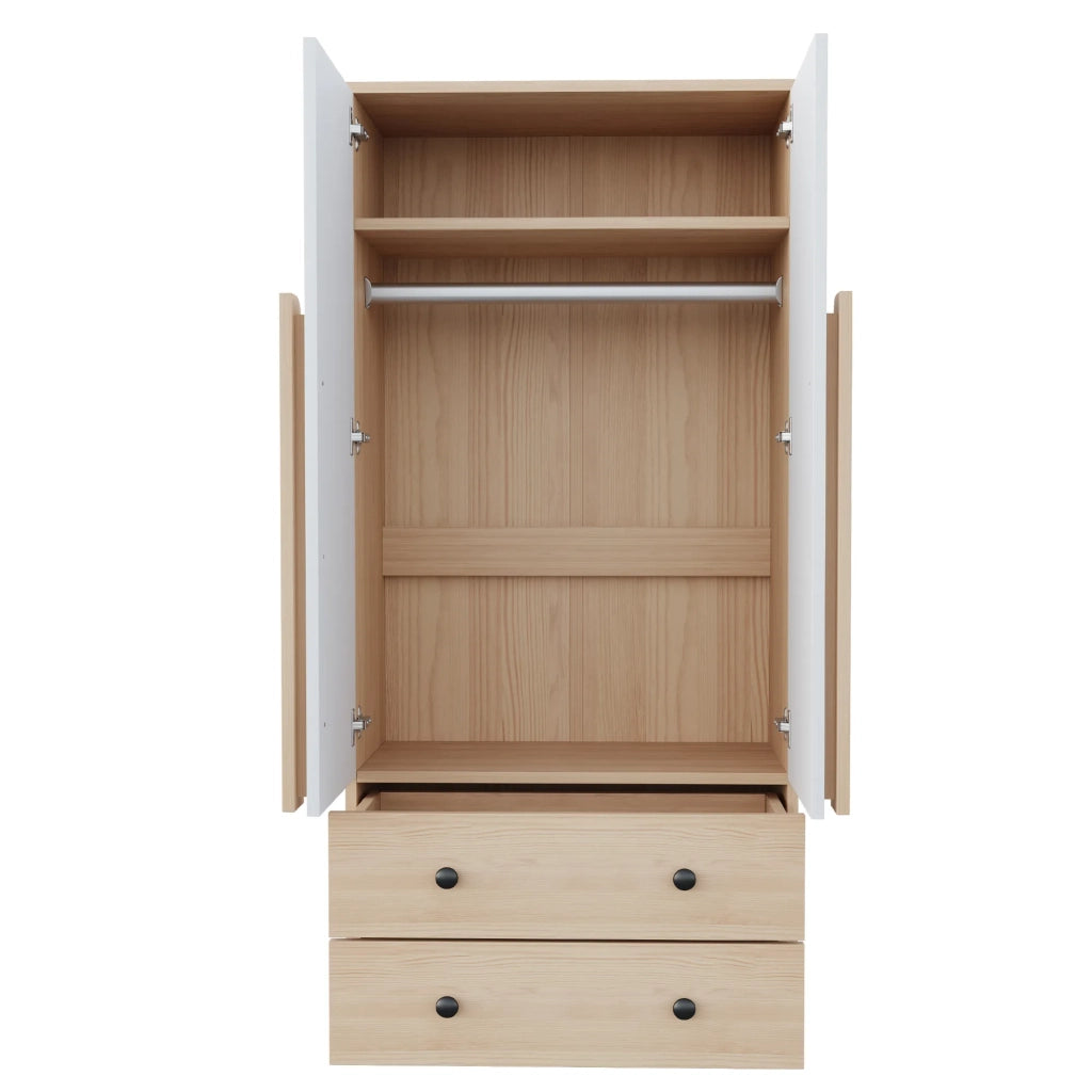 Armadio 70x40x170 cm, design a doppie ante, con cassetti e ripiani, colore legno e bianco