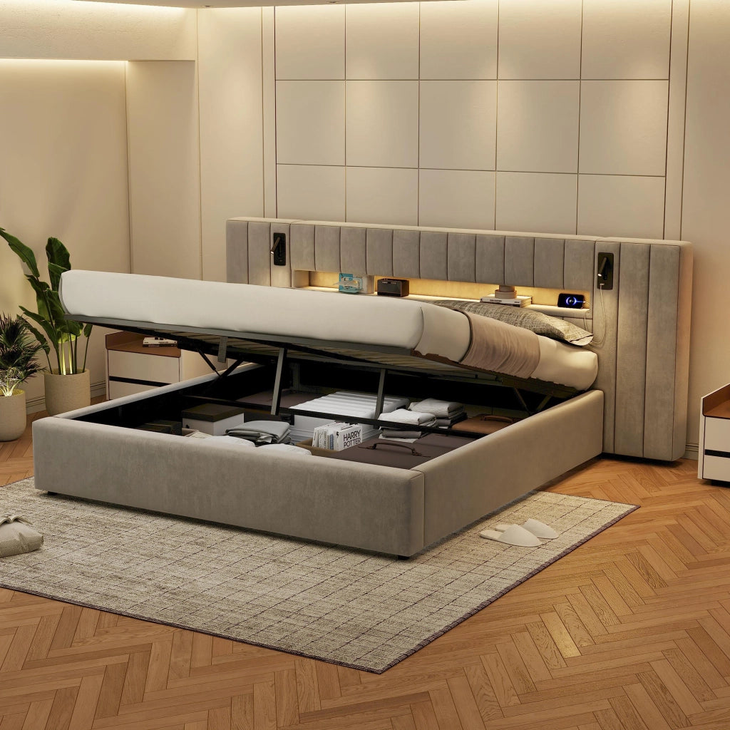 Letto contenitore 180 × 200 cm imbottito con LED porte USB lampade da comodino rivestito in velluto grigio