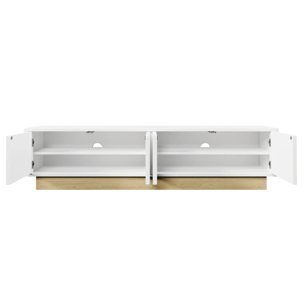 Mobile TV 175 cm con 4 ante push-to-open in MDF bianco e finitura color legno