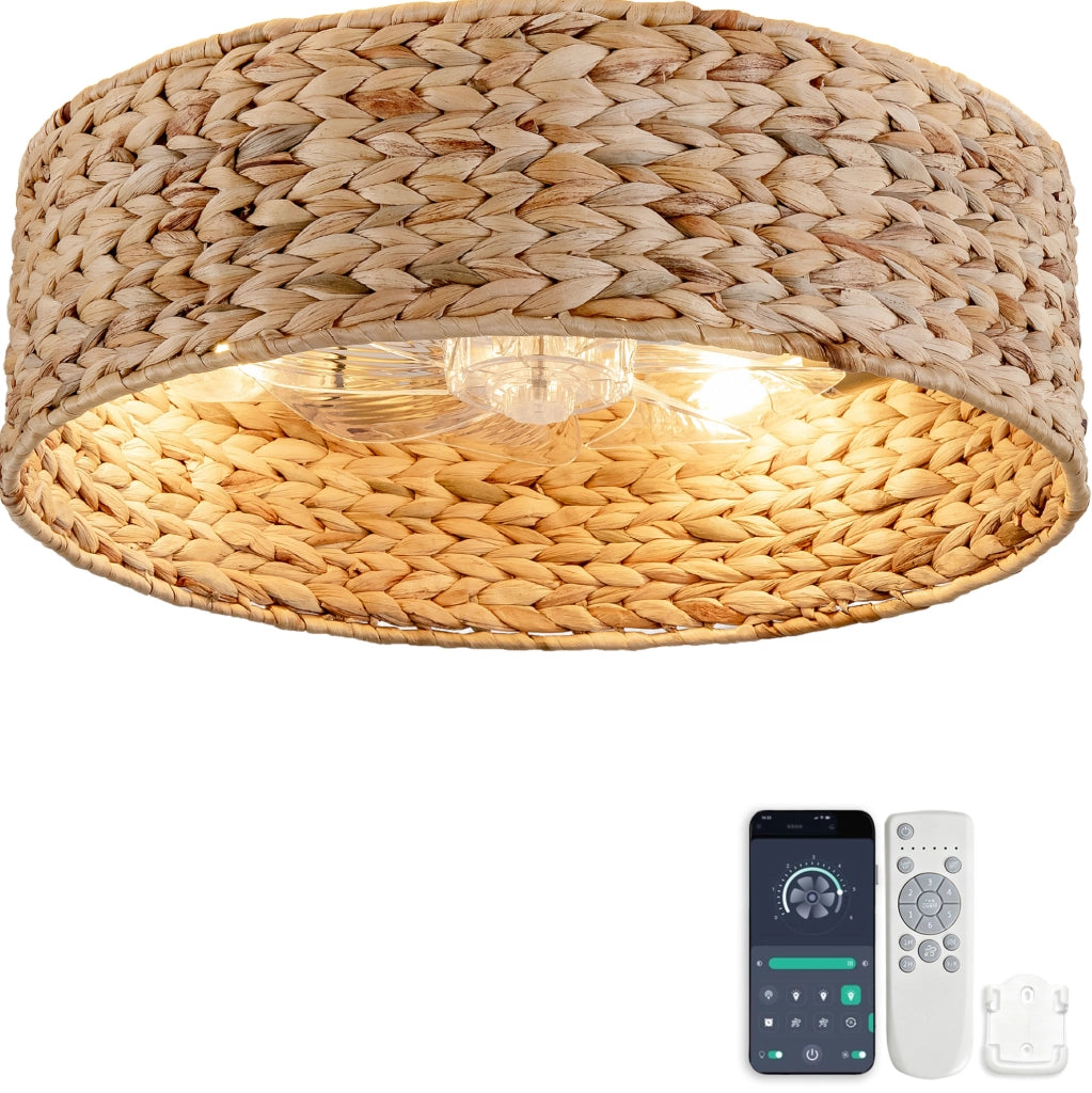 VENTILATORE da Soffitto con Luce in Rattan e Plastica Color Rame