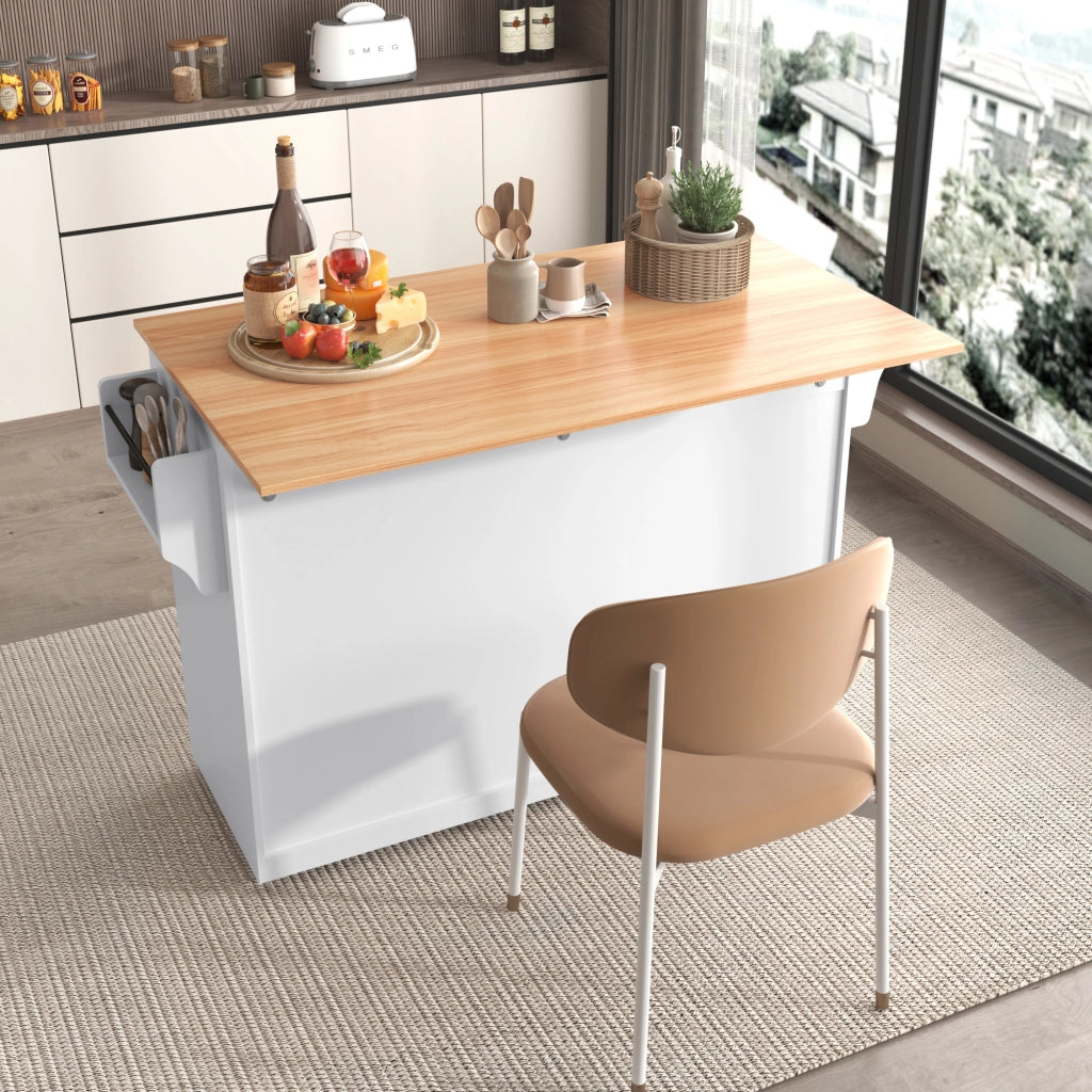 Carrello da cucina con piano ribaltabile quattro ante due cassetti e ruote bianco e naturale