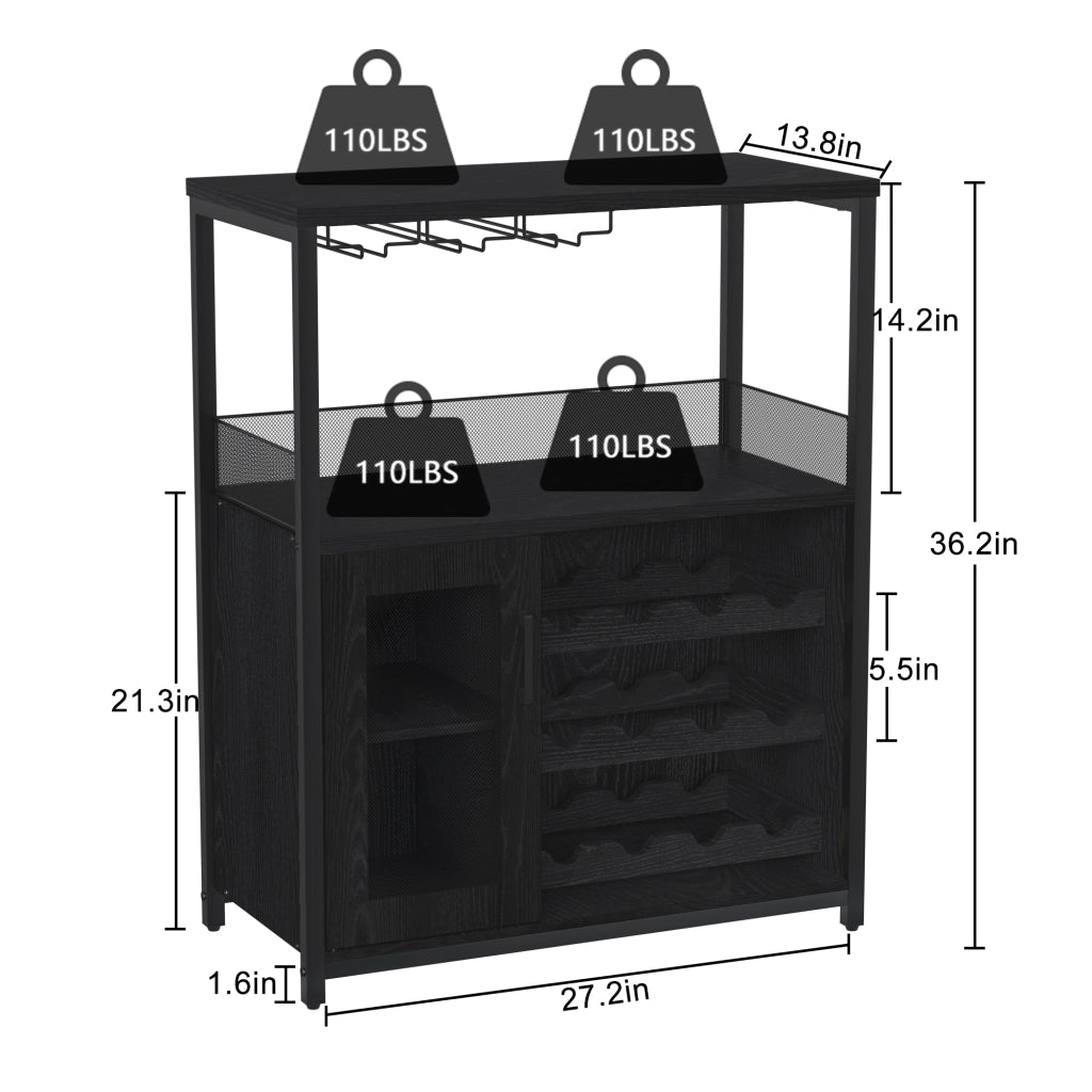 Mobile Bar Cantinetta in Legno con Porta Calici e Portabottiglie Rimovibile Nero 72x35x90cm