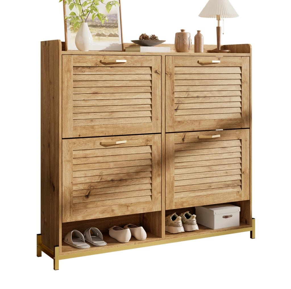 Scarpiera a 4 ante in MDF con base in metallo e ripiano superiore; 108;5 ¡Á 24 ¡Á 100 cm; color legno