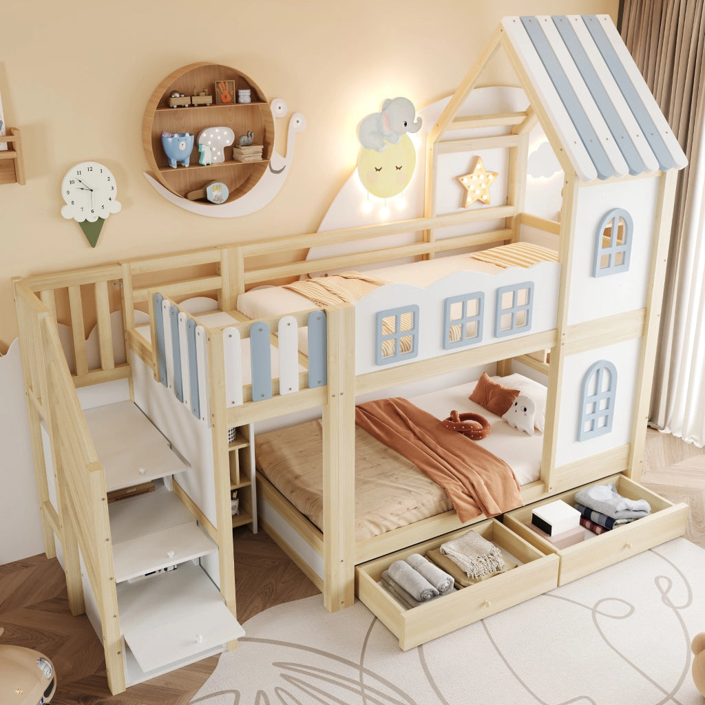 Letto a castello per bambini con sponde a nuvola e scala, 90x200 cm, bianco