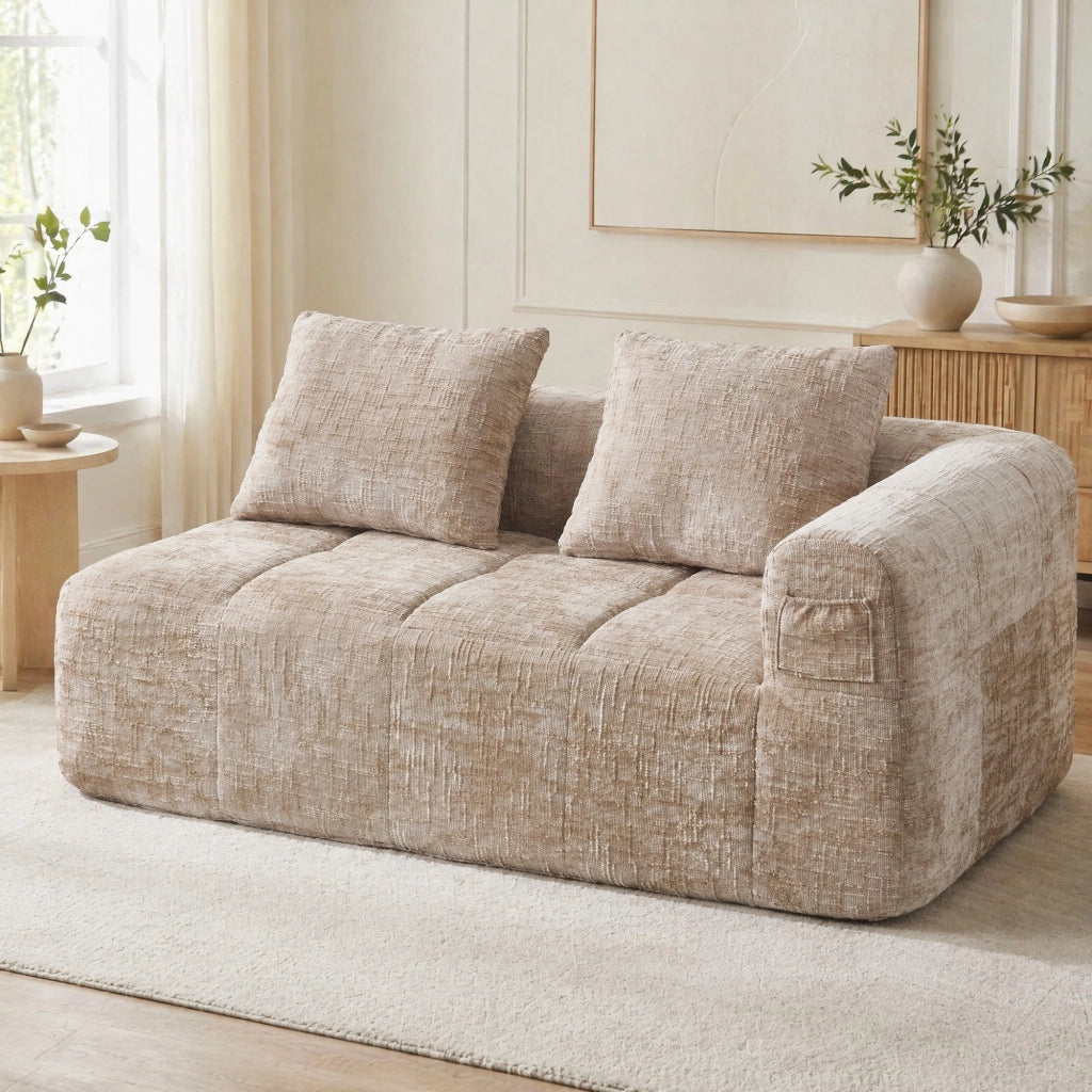 Divano con chaise longue e tasche laterali 158 cm in chenille khaki