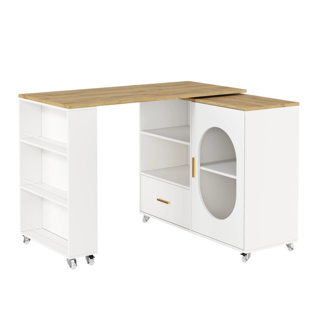 Isola da cucina mobile con piano girevole 360°, con spazio contenitivo, cassetto e ripiano regolabile, 120–180×60×90 cm, bianco e finitura naturale