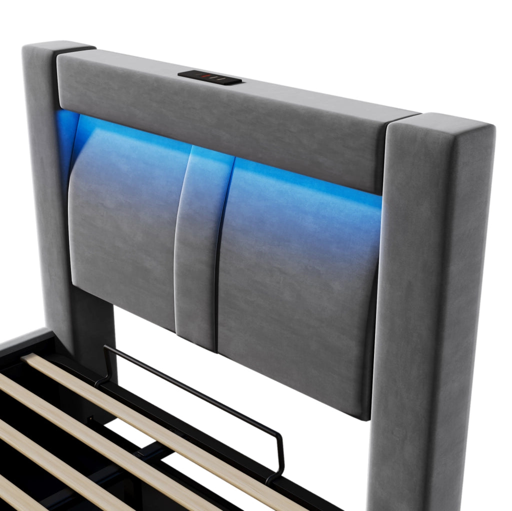 Letto singolo contenitore 90x200 cm in velluto grigio con materasso; LED e ricarica USB/Type-C HOMVRA