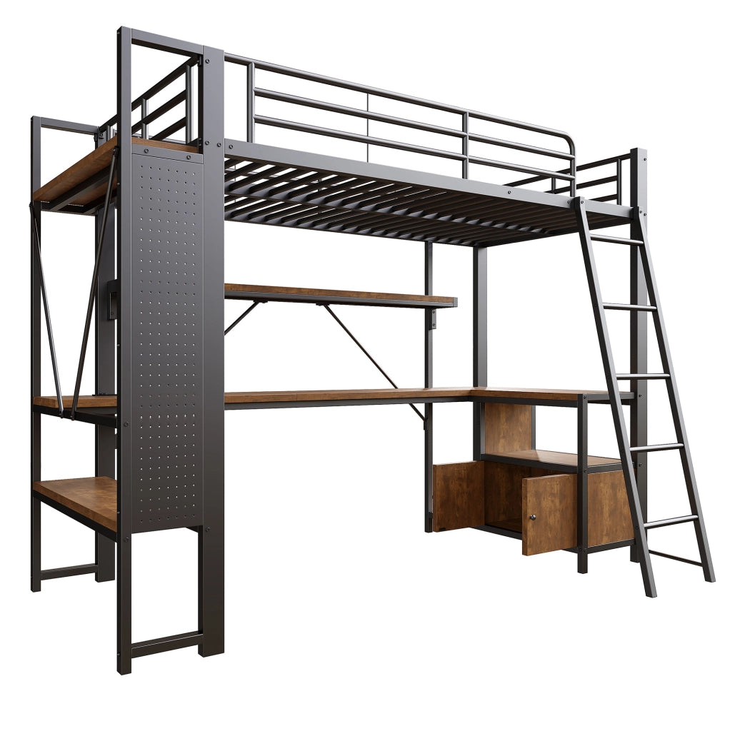 Letto a soppalco 90x200 cm con scrivania, LED e USB in metallo nero