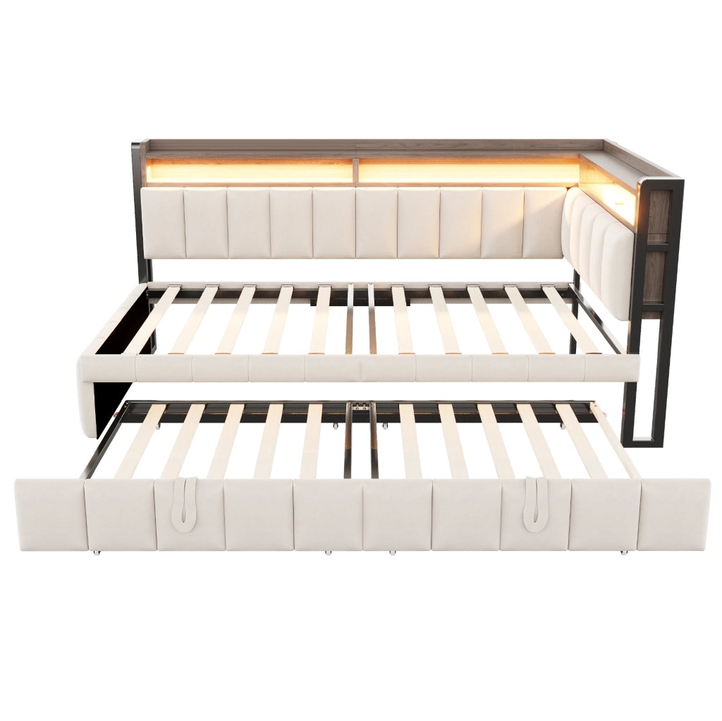 Divano letto ULEVR 90x200 cm con letto estraibile, LED, USB e Type-C, vani portaoggetti, velluto beige