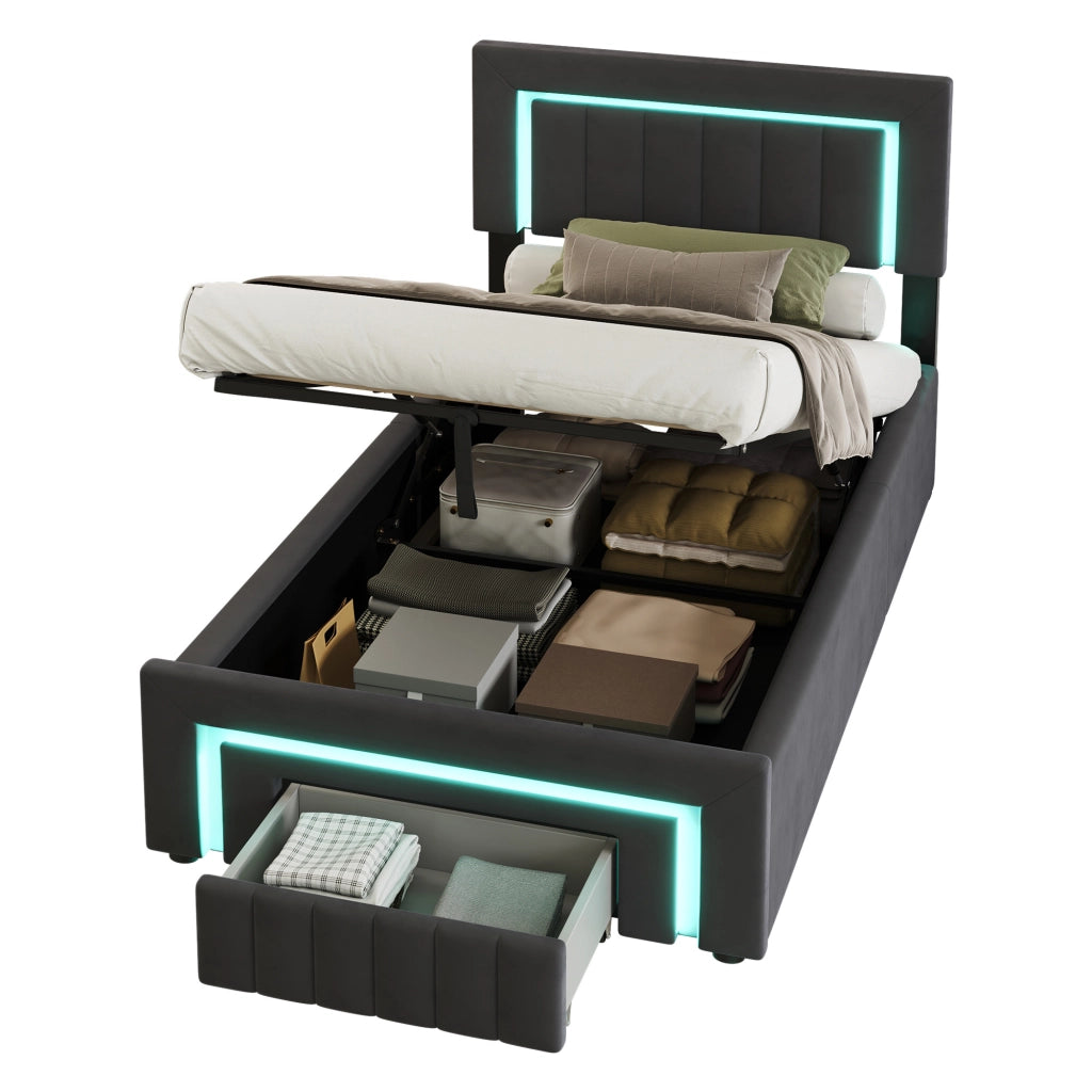 LETTO Imbottito 90x190 cm Velluto Antracite con LED e Contenitore