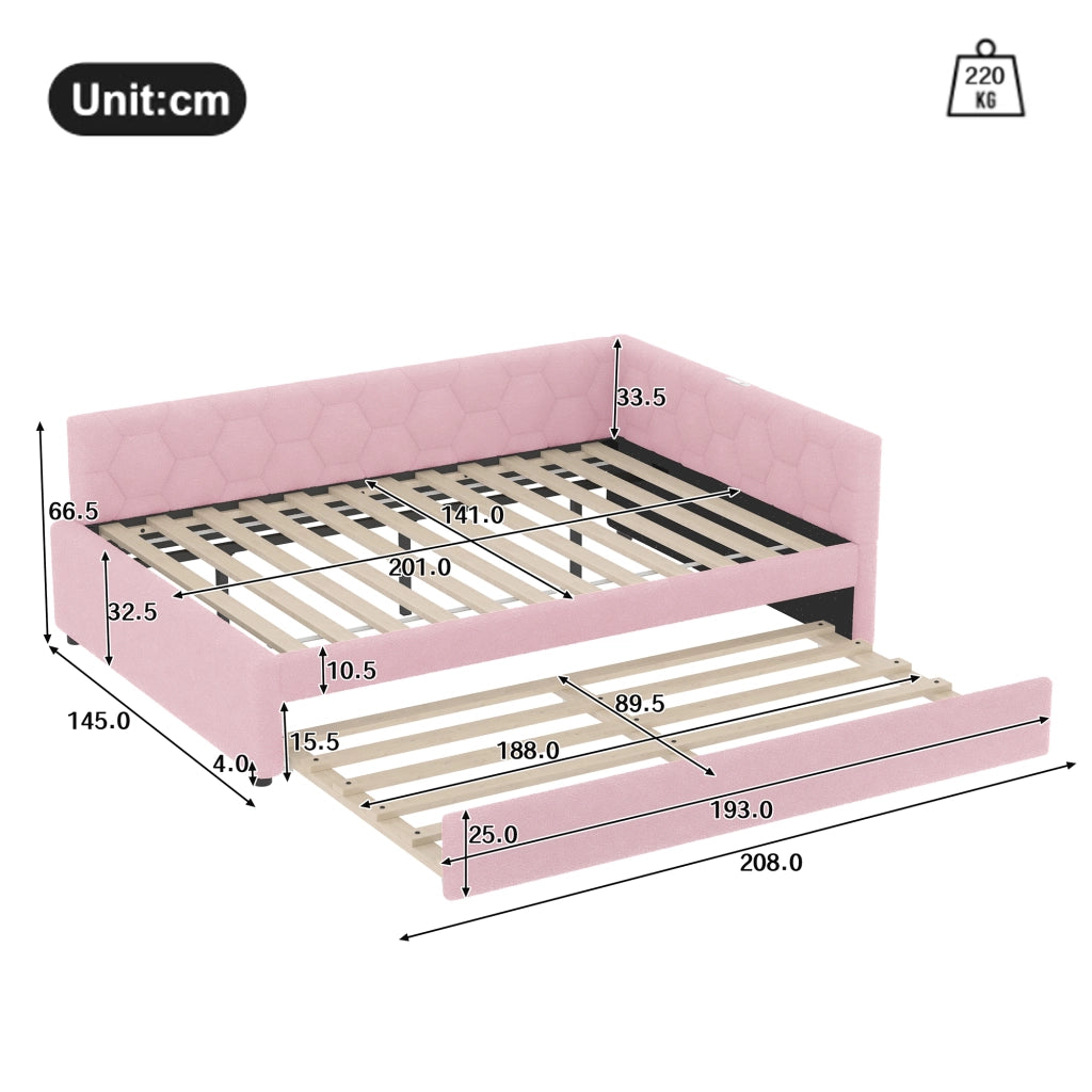 Letto da giorno 140x200 cm con letto estraibile, USB e USB-C, in MDF rosa
